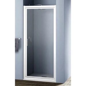 Box doccia t.b.t. con telaio bianco e porta in vetro trasparente.