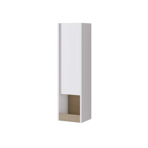 Mobile bagno sospeso bianco con vano a giorno in legno.