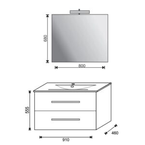 Schizzo: Mobile bagno con due cassetti e specchio con illuminazione, dimensioni.