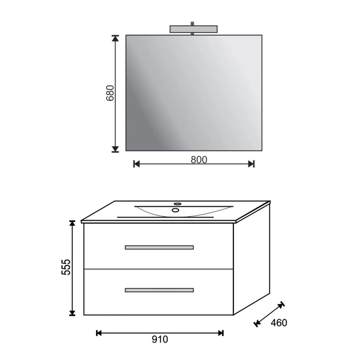 Schizzo: Mobile bagno con due cassetti e specchio con illuminazione, dimensioni.