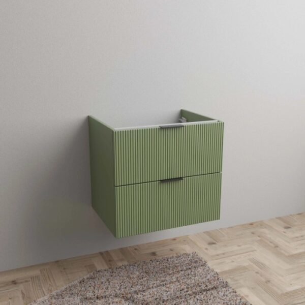 Mobile bagno sospeso verde con due cassetti.