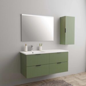 Set di mobili da bagno moderni verdi con lavabo, specchio e pensile. Design elegante per il bagno.