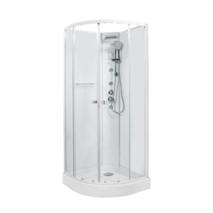 Box doccia semicircolare t.b.t. con set doccia e getti massaggianti, finitura bianca.