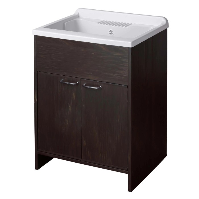 Mobile lavabo con vasca bianca e finitura in legno scuro. Categoria: Lavatoi.