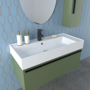Moderno set di mobili da bagno: mobile lavabo verde con lavabo bianco e specchio.