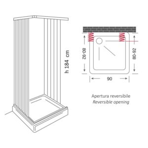 Disegno tecnico di un box doccia con dimensioni. Ideale per la progettazione del bagno.