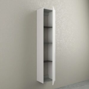 Mobile bagno sospeso bianco e stretto con ripiani aperti. Arredo bagno.