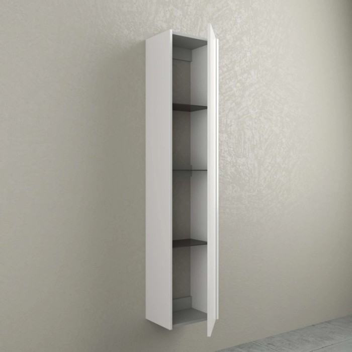 Mobile bagno sospeso bianco e stretto con ripiani aperti. Arredo bagno.