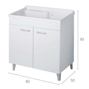 Mobile lavabo bianco con due ante e maniglie argentate. Categoria: Lavatoi.