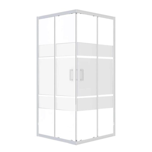 Box doccia t.b.t. con telaio bianco e vetro parzialmente satinato.