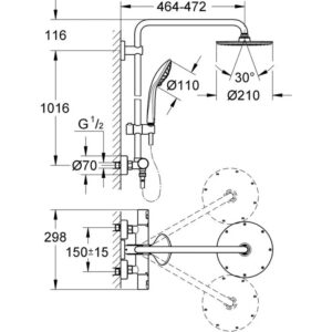 Disegno tecnico: Sistema doccia Grohe Vitalio Joy 210 con termostato, dimensioni e dettagli per montaggio a parete.