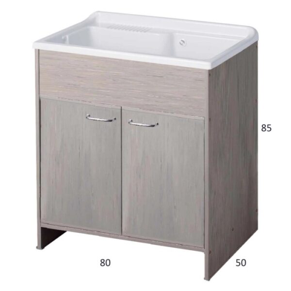 Mobile lavabo con due ante effetto legno e lavabo bianco.