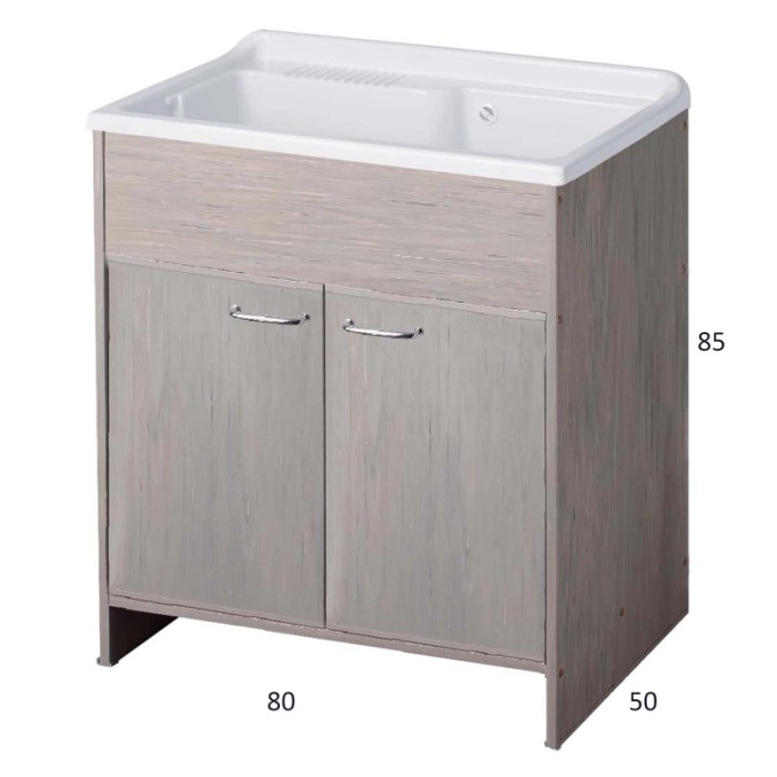 Mobile lavabo con due ante effetto legno e lavabo bianco.