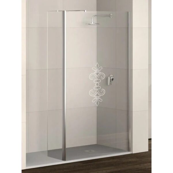 Box doccia walk-in t.b.t. con decoro, vetro e telaio cromato.