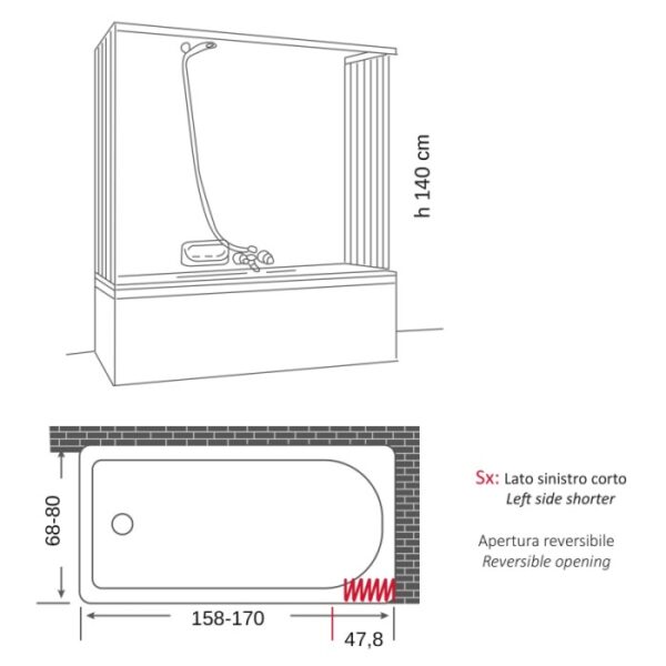 Disegno tecnico di una vasca da bagno con tenda doccia e dimensioni per accessori.