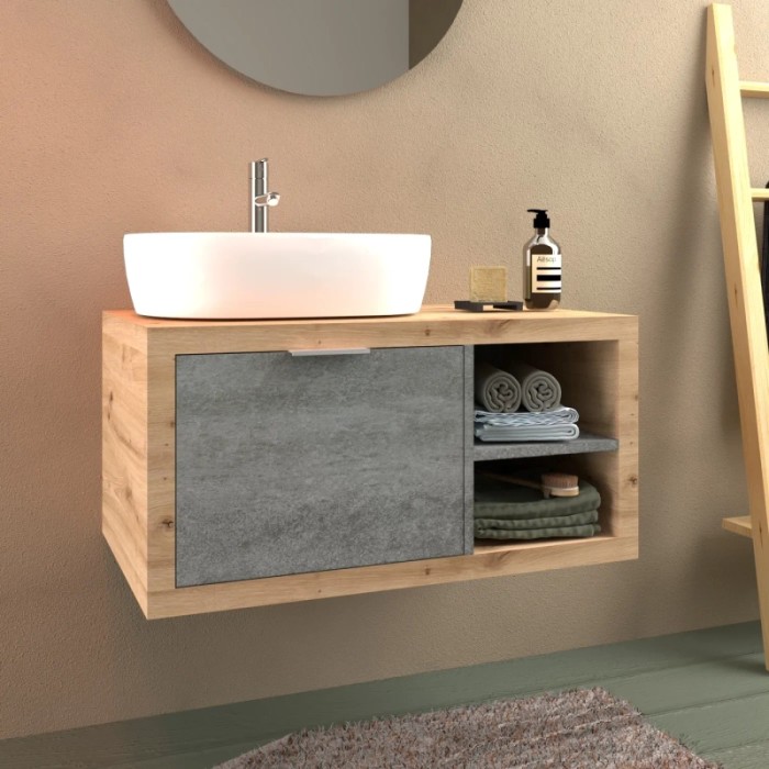 Mobile bagno moderno con lavabo, mobiletto effetto legno e frontale grigio.