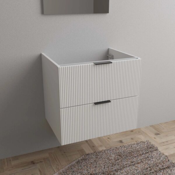 Mobile bagno t.b.t. bianco con due cassetti e maniglie nere.