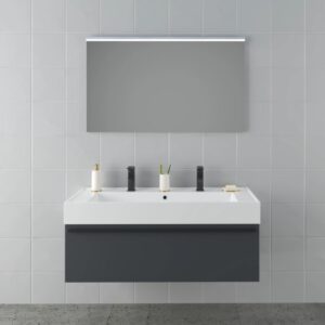 Set di mobili da bagno moderni con lavabo, mobile sottolavabo, specchio e illuminazione a LED.