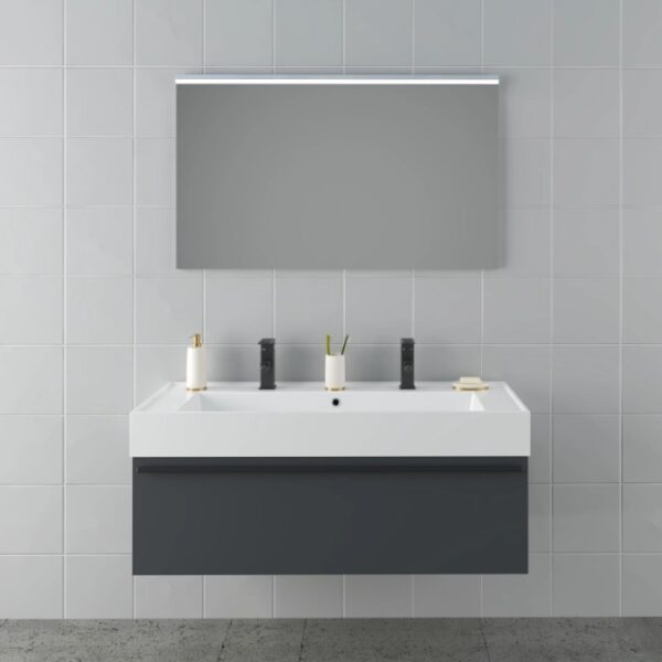 Set di mobili da bagno moderni con lavabo, mobile sottolavabo, specchio e illuminazione a LED.