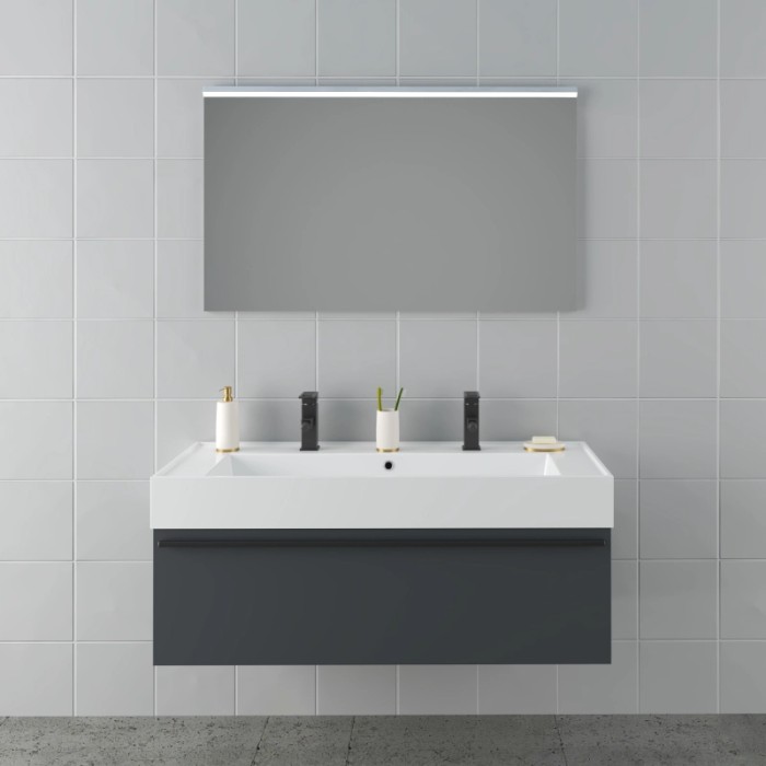 Set di mobili da bagno moderni con lavabo, mobile sottolavabo, specchio e illuminazione a LED.