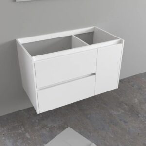 Mobile bagno sospeso bianco con due cassetti e un'anta.