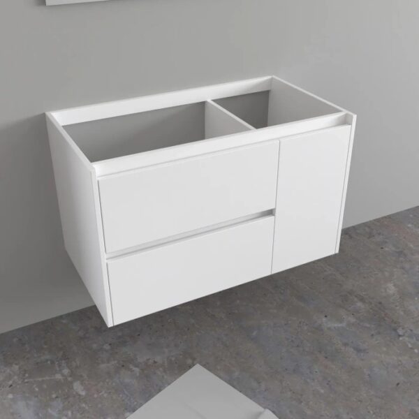 Mobile bagno sospeso bianco con due cassetti e un'anta.