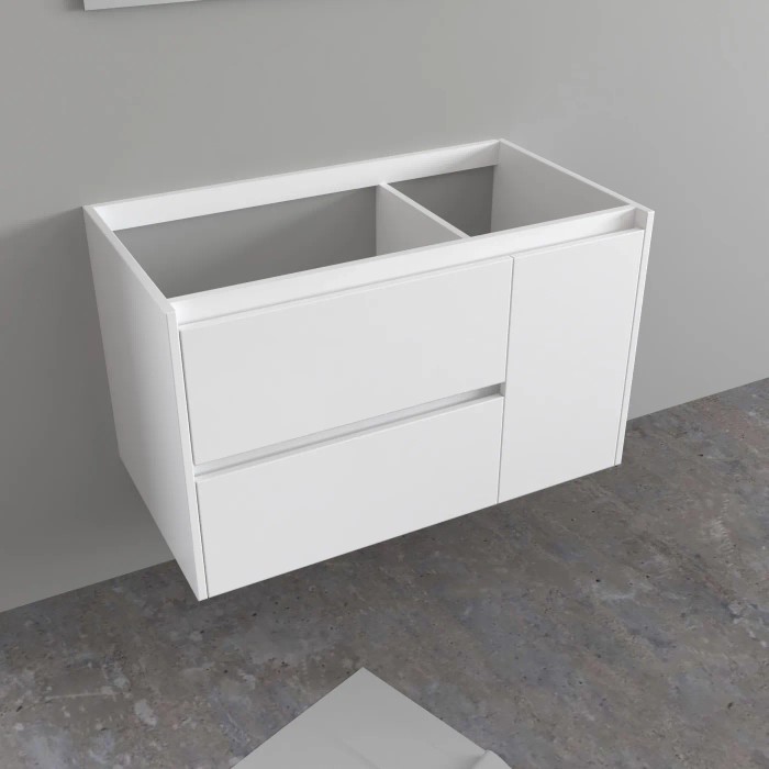 Mobile bagno sospeso bianco con due cassetti e un'anta.