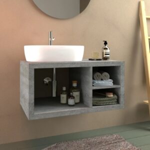 Mobile bagno sospeso grigio con lavabo da appoggio e vani portaoggetti. Arredo bagno.