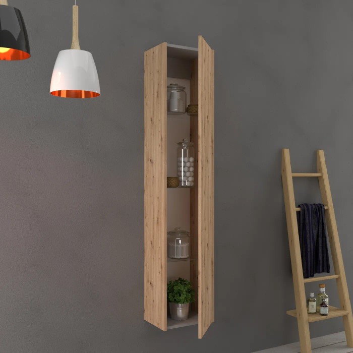 Mobile bagno sospeso verticale effetto legno con ripiani aperti per accessori.