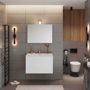 Mobile bagno Cube con lavabo e specchio bianco lucido L81,5xP46,5xH115,4cm