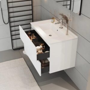 Mobile bagno Cube con lavabo e specchio bianco lucido L81,5xP46,5xH115,4cm