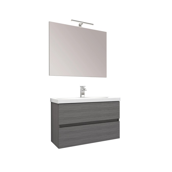 Mobile bagno grigio con specchio e illuminazione, parte della serie di arredo bagno.