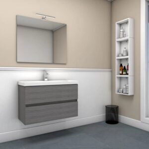 Mobile bagno grigio con lavabo e specchio, parte di una moderna serie di arredo bagno.