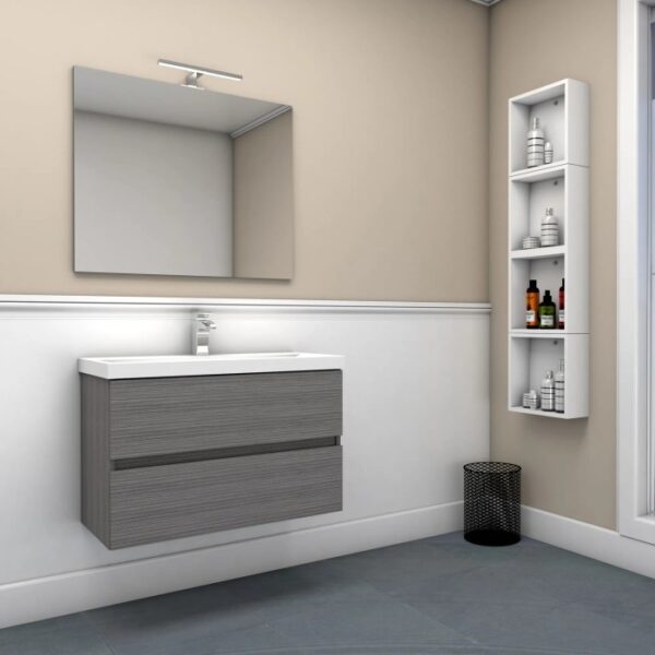 Mobile bagno grigio con lavabo e specchio, parte di una moderna serie di arredo bagno.