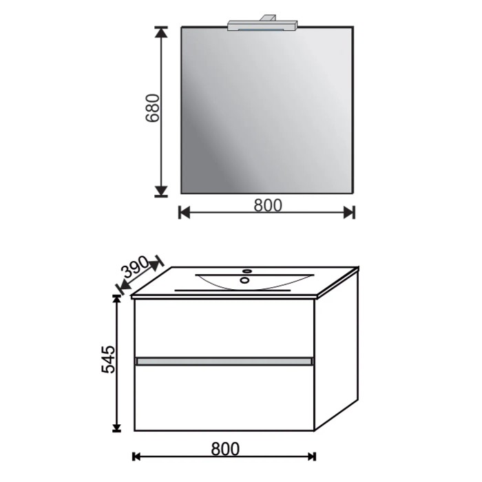 Schizzo: t.b.t. mobile lavabo con specchio e dimensioni. Arredo bagno.