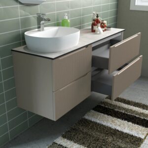 Set di mobili bagno moderni con lavabo, mobile sottolavabo con cassetti in beige. Design elegante per il bagno.