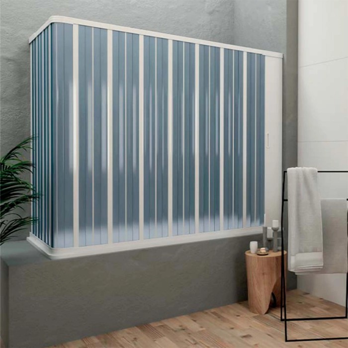 Box doccia con lamelle blu e bianche, accessori per doccia.