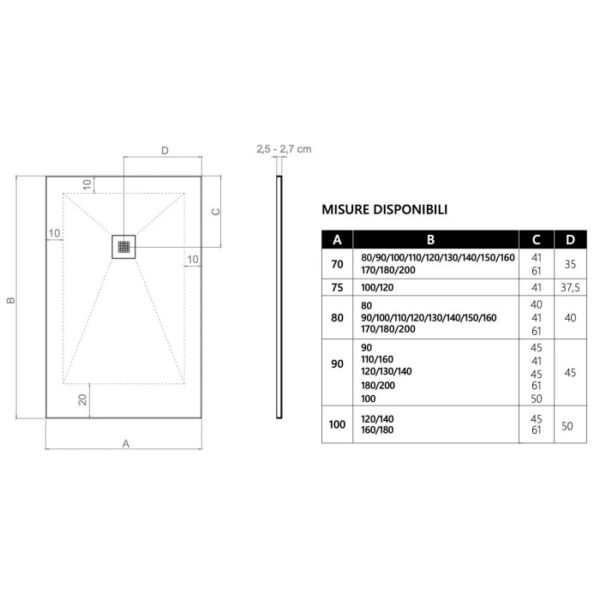 Disegno tecnico di un piatto doccia t.b.t. con dimensioni.