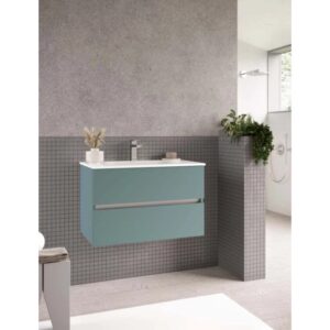 Mobile bagno sospeso moderno verde con lavabo e due cassetti.