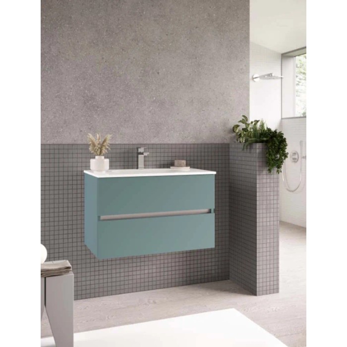 Mobile bagno sospeso moderno verde con lavabo e due cassetti.