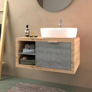 Moderno set di mobili da bagno con lavabo, mobiletto in legno e lavabo da appoggio.