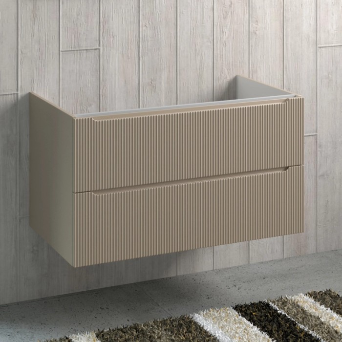 Mobile bagno beige con due cassetti.