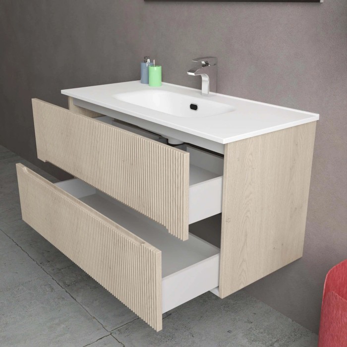 t.b.t. Mobile bagno con due cassetti aperti effetto legno.