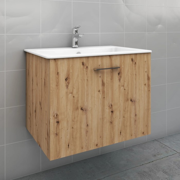 Mobile bagno sospeso effetto legno con lavabo bianco e rubinetto.