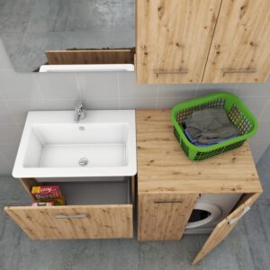Set mobili bagno t.b.t. con lavabo, lavatrice e spazio di archiviazione effetto legno.