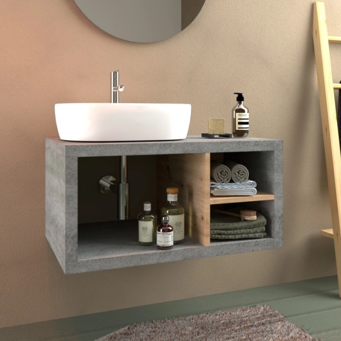 Mobile bagno moderno con lavabo, effetto cemento e ripiano in legno per accessori bagno.