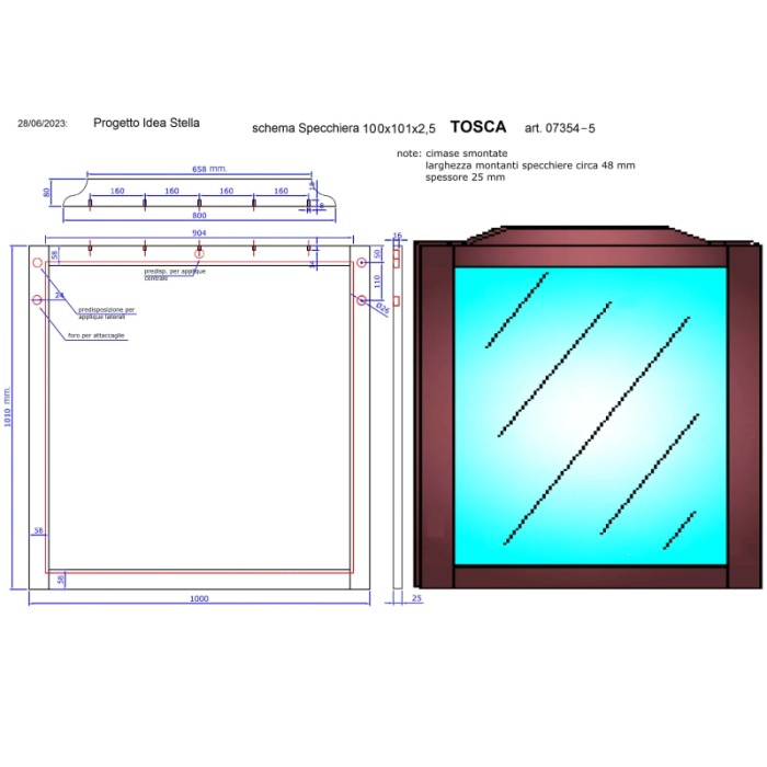 Disegno tecnico dello specchio t.b.t. con dimensioni.
