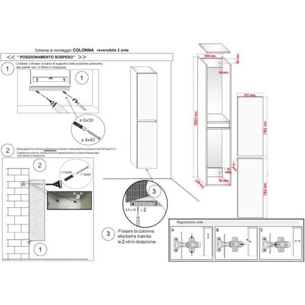 Istruzioni di montaggio per mobile bagno t.b.t.: Schema con misure e dettagli per l'installazione.