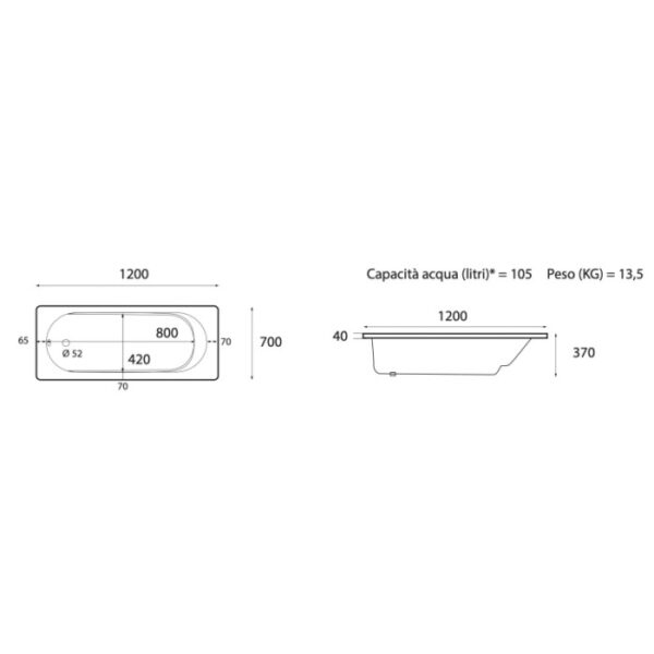Disegno tecnico di una vasca da bagno rettangolare con dimensioni.