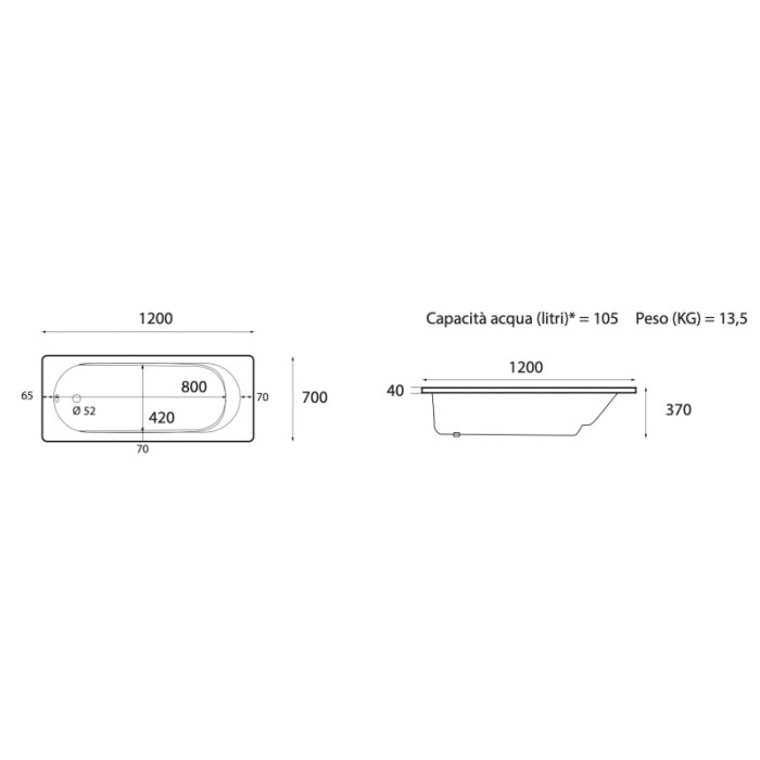 Disegno tecnico di una vasca da bagno rettangolare con dimensioni.
